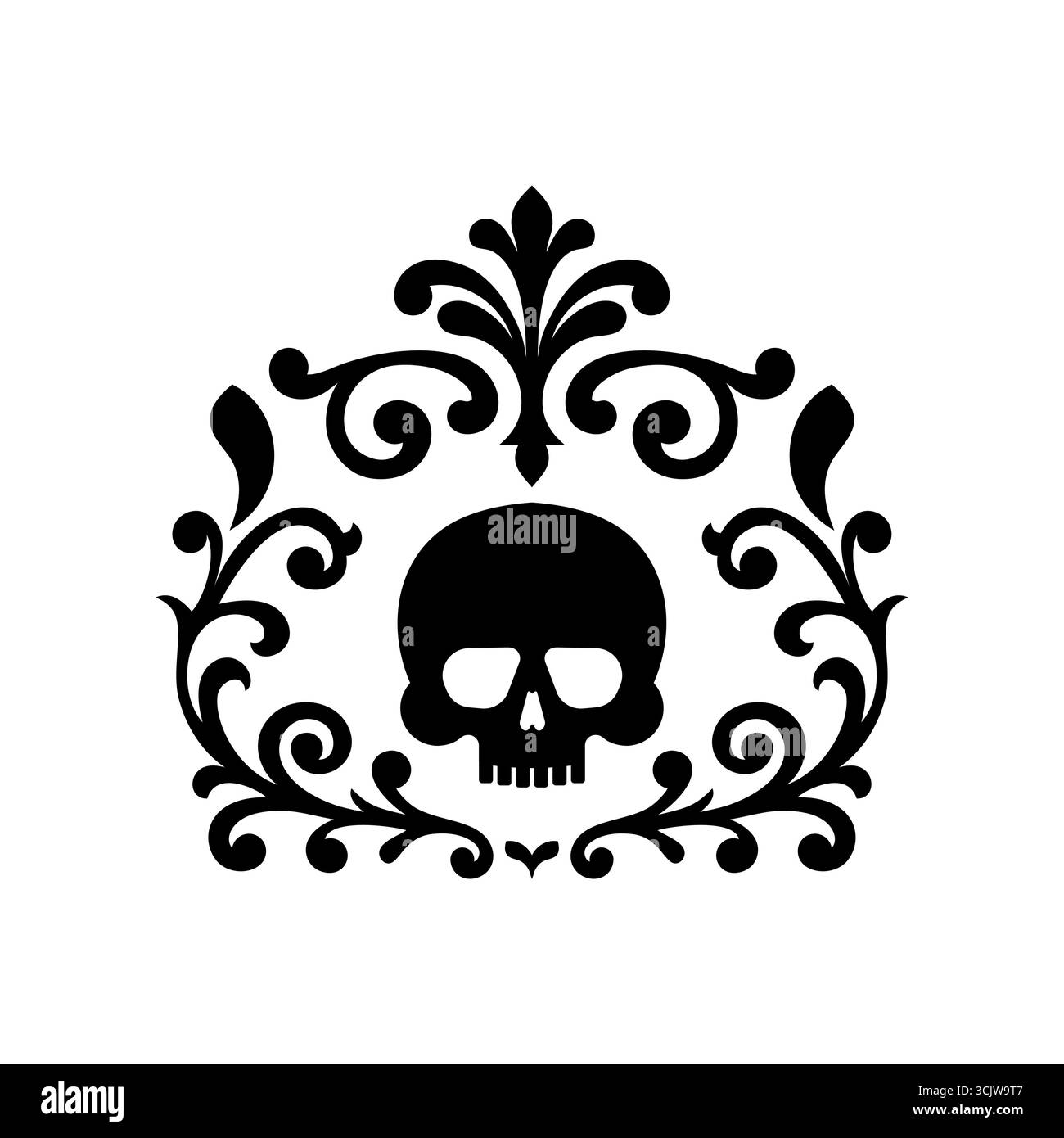 gotischer Schädel in dekorativer Verzierung. Perfekt für Halloween, Tattoos, Rock-Stil, Gothic-Poster und dunkle Kunstprojekte. Elegantes Design mit gruseligem geldautomat Stock Vektor