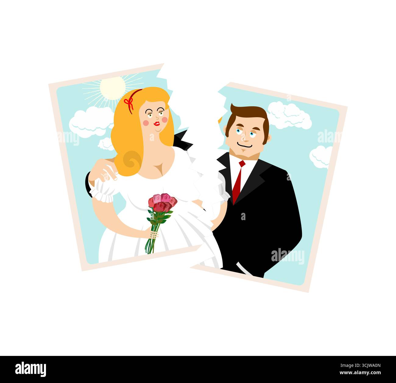 Hochzeitsfoto mit Braut und Bräutigam, symbolisiert Romantik, Ehe und glückliche Erinnerung. Perfekt für Einladungen, Jubiläen und Familienprojekte. Stock Vektor