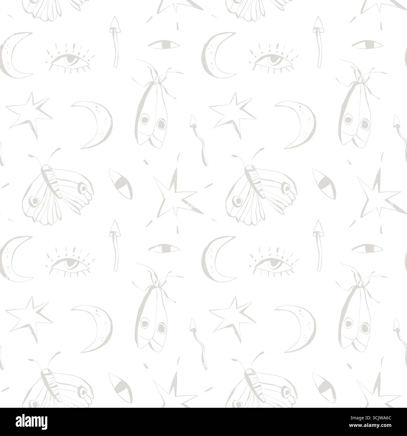 Nahtloses mystisches Muster mit Motten Monden Sternen und Augen auf weißem Hintergrund magisches Boho-Design für Stofftapeten Stock Vektor
