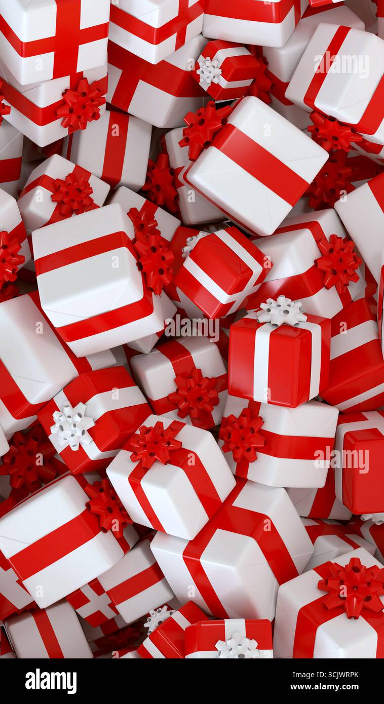 Hintergrund gefüllt mit übereinander gestapelten weihnachtsgeschenken – 3D-Rendering Stockfoto