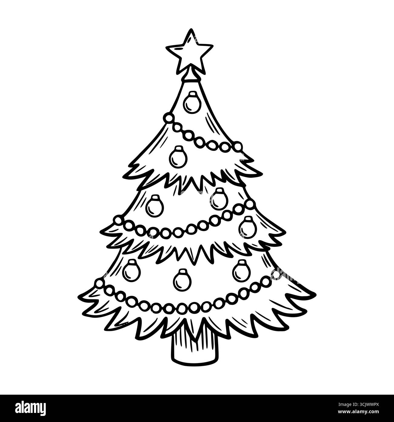 Eine einfache schwarz-weiße Illustration eines Weihnachtsbaums, der mit Ornamenten und einem Stern auf der Spitze verziert ist. Der Baum hat eine klassische Dreiecksform. Stock Vektor