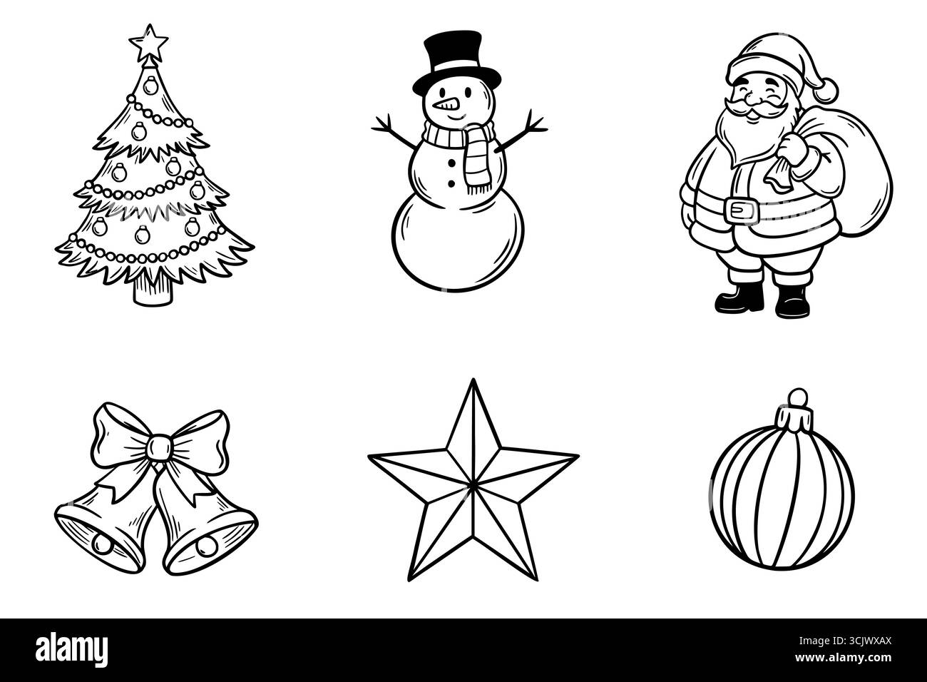 Eine Sammlung von Illustrationen mit Weihnachtsmotiven, darunter ein dekorierter Baum, Schneemann, Weihnachtsmann, Glocken, Stern, und Verzierung. Einfaches Schwarzweiß Stock Vektor