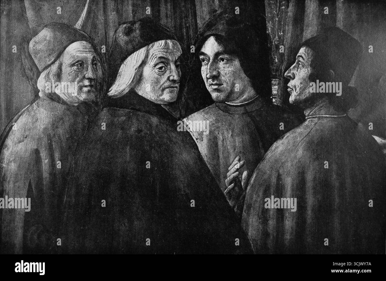 Porträts von Angelo Poliziano, Cristoforo Landino, Marsilio Ficino und Gentile de’ Becchi vom italienischen Künstler Ghirlandaio, Detail des Freskos Zacharias im Tempel, 1400er Jahre Stockfoto