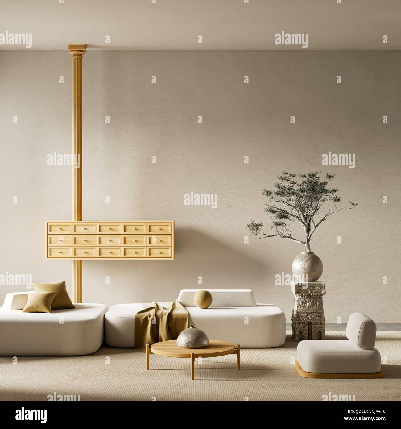 Stilvolles, modernes Wohnzimmer mit minimalistischem Dekor, gemütlichen Möbeln und natürlichen Details für ein helles und elegantes Wohndesign. 3D-Illustration Stockfoto