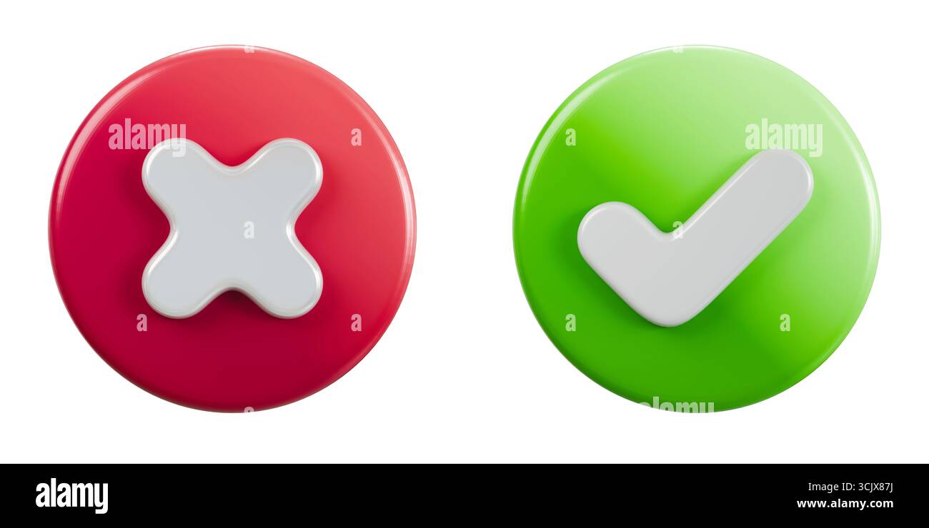 Kreuzen und Häkchen 3D-Rendering-Illustration Vorderansicht isoliert auf weißem Hintergrund Stockfoto