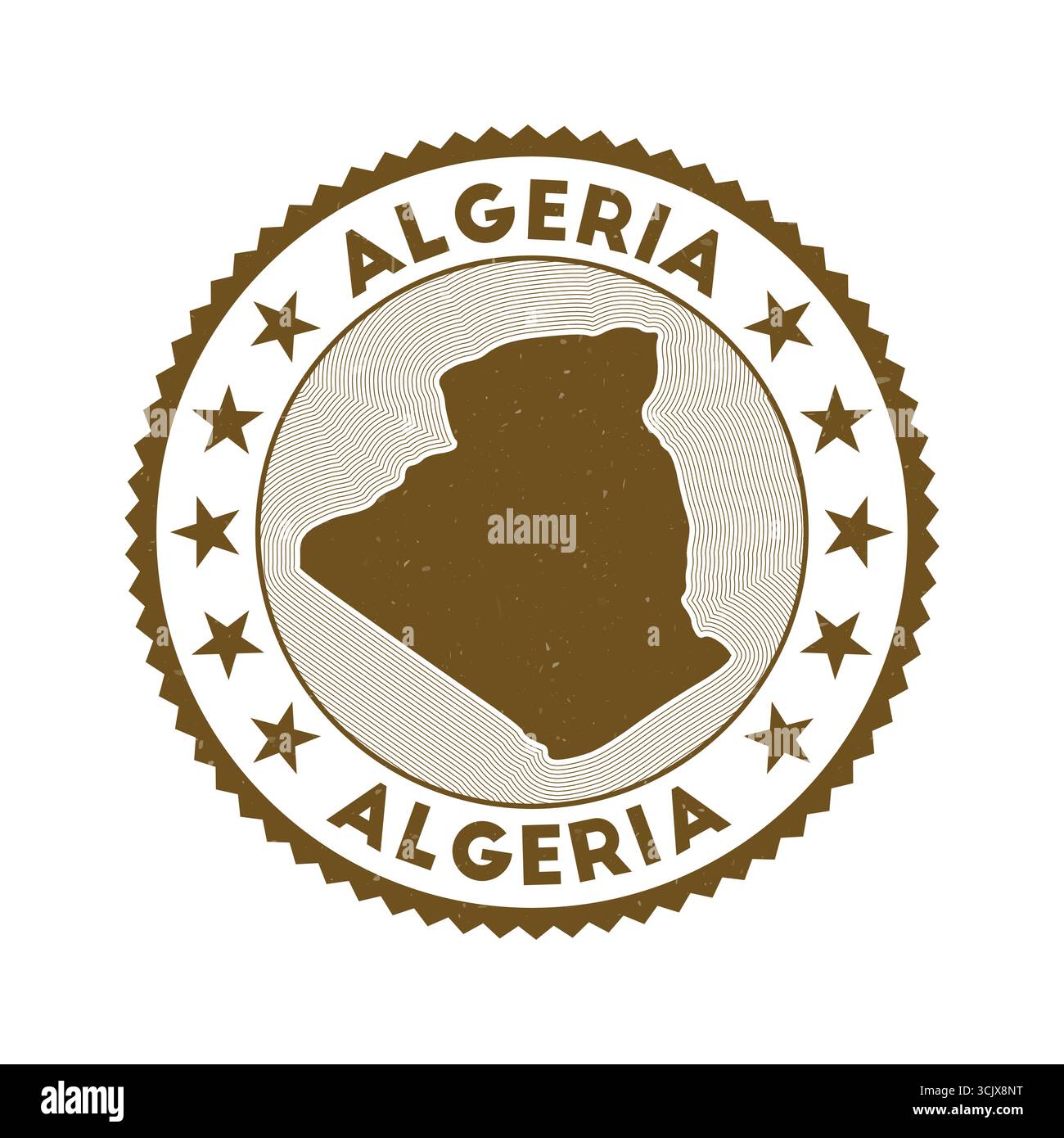 Algerisches Emblem. Länderrunder Stempel mit der Form Algeriens, Isolinien und rundem Text. Authentisches Abzeichen. Lebendige Vektor-Illustration. Stock Vektor
