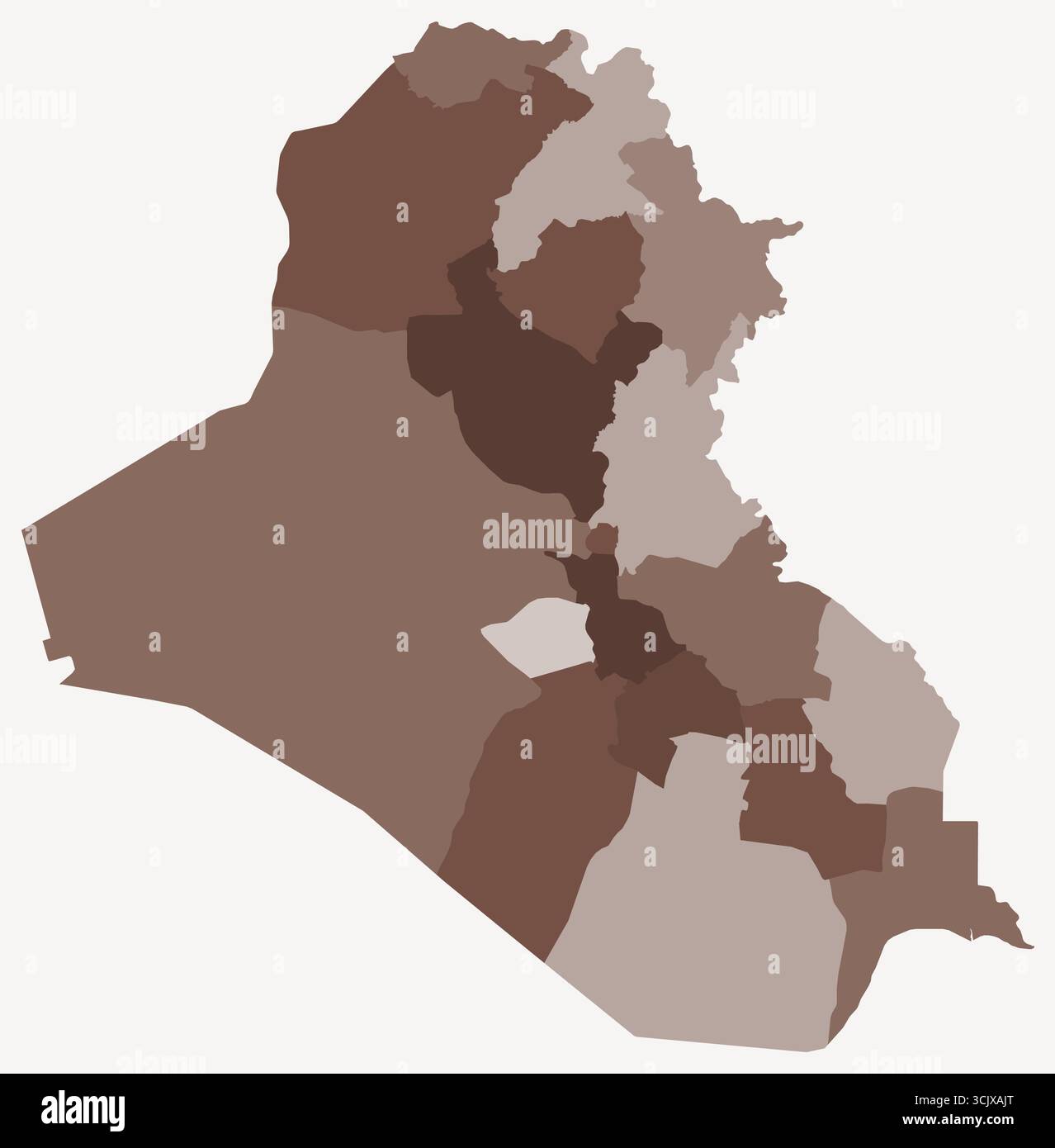 Karte des Irak mit Regionen. Eine einfache Ländergrenzkarte mit regionaler Unterteilung unter Verwendung einer braunen Farbpalette. Stock Vektor