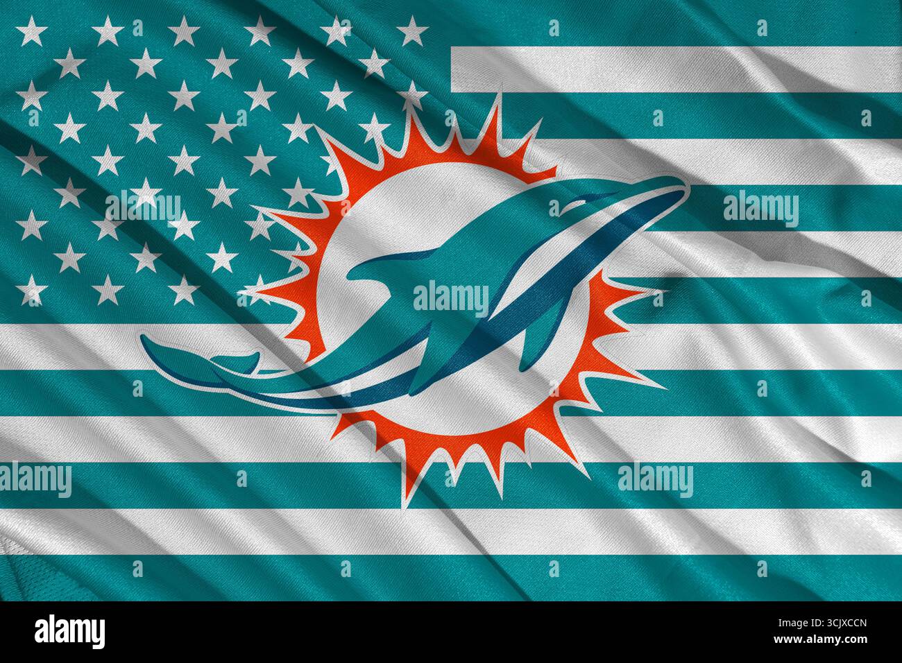 Pringsewu, Lampung; 9. September 2025; das Miami Dolphins Logo ist Mitglied der American Football Conference East. NFL Vereinigte Staaten. Stockfoto