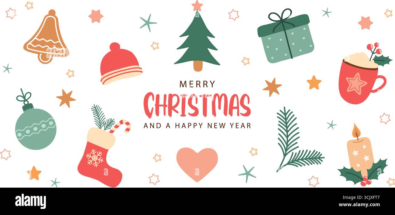 Nette weihnachtsgrußkarte mit Dekoration Winter Elemente isolierte Vektor-Illustration Stock Vektor