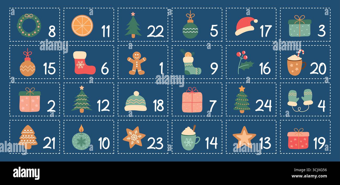 Bunter kindlicher Adventskalender 24 verschiedene Motive Vektor-Illustration Stock Vektor