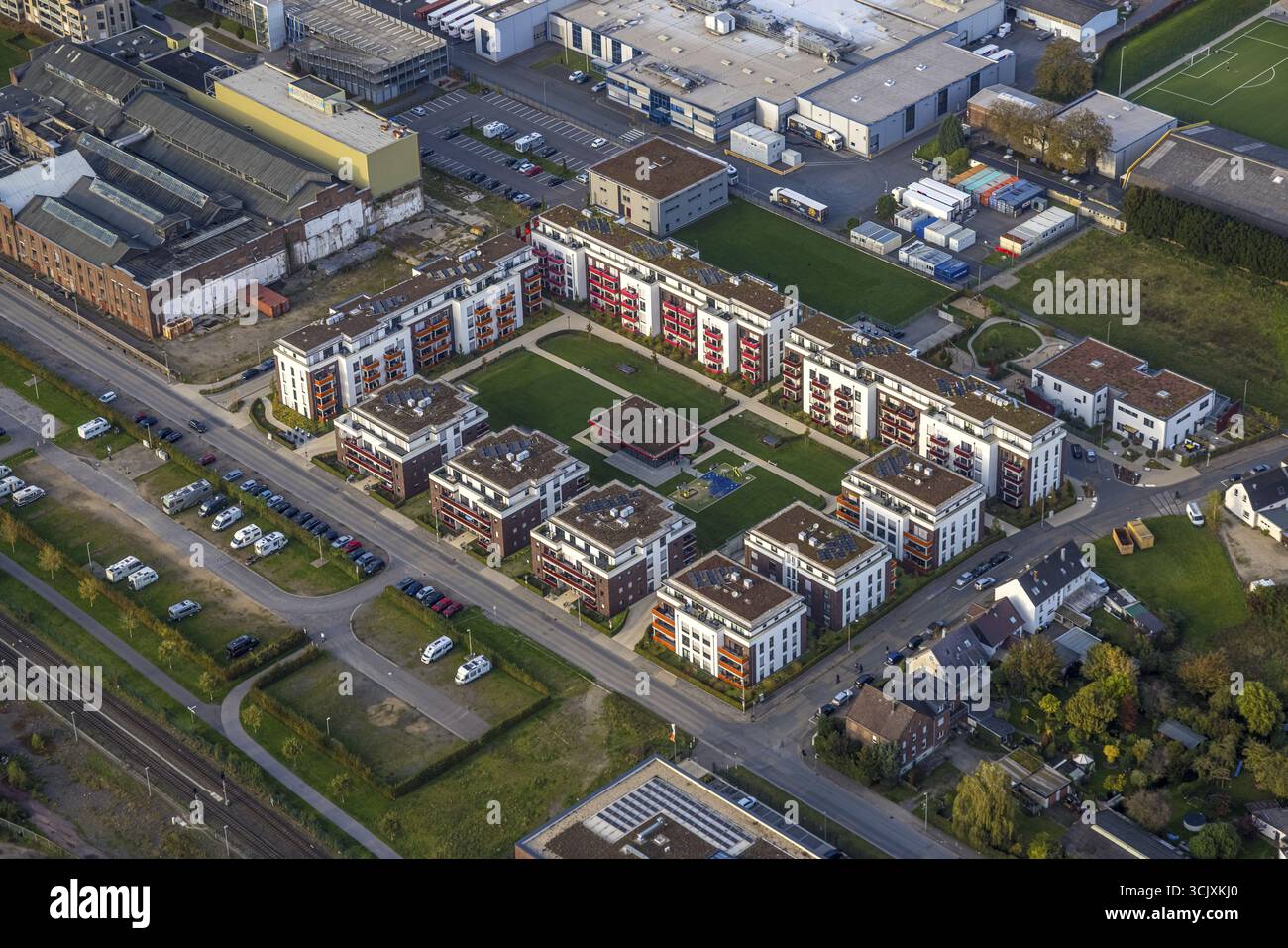 Luftaufnahme, Neubau Flora Quartier Mehrfamilienhäuser, ehemaliger Margarine Union Standort, Kleve, Niederrhein, Nordrhein-Westfalen, Deutschland, ne Stockfoto