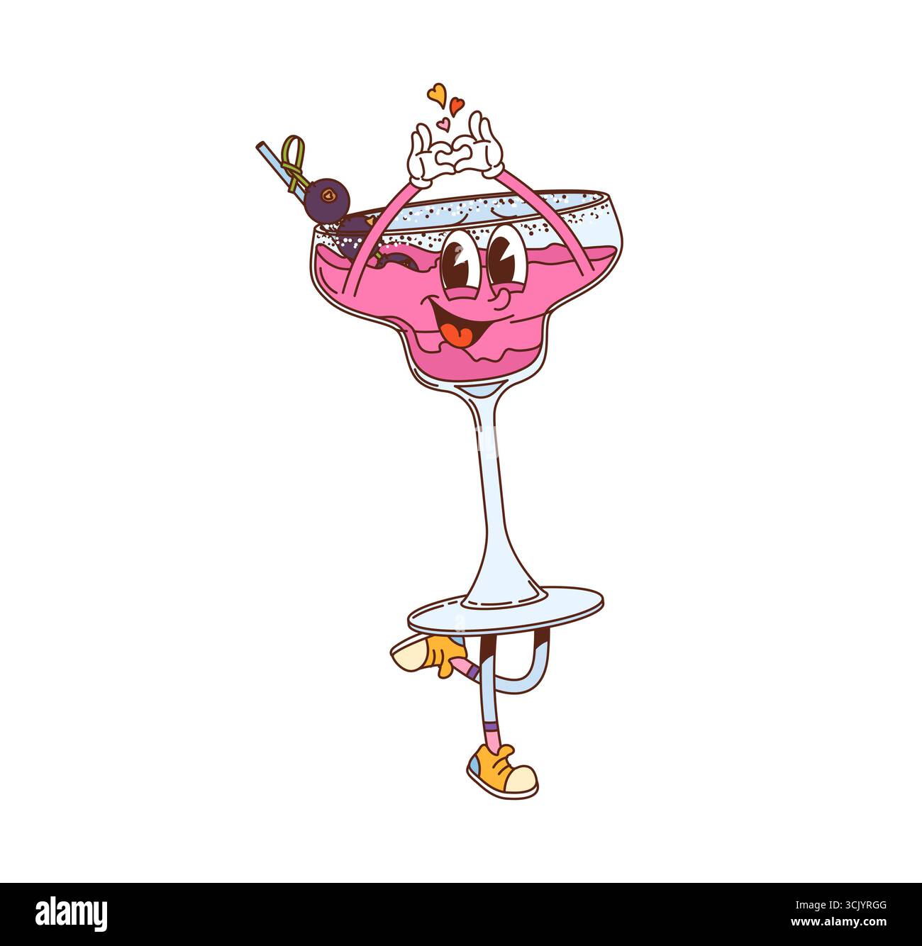 Retro Hippie Cocktail Drink Glas grooviger Charakter. Party frischer Cocktail groovige 60er Jahre Vektor glücklicher Charakter, tropisches Getränk süße Persönlichkeit. Alkoholgetränk fröhliches Maskottchen mit Brombeeren und Stroh Stock Vektor