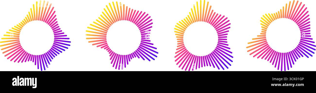 Kreisförmige Klangwellen-Musik-Equalizer mit Farbverläufen von Gelb über Rosa bis Violett für die Audiovisualisierung. Stock Vektor