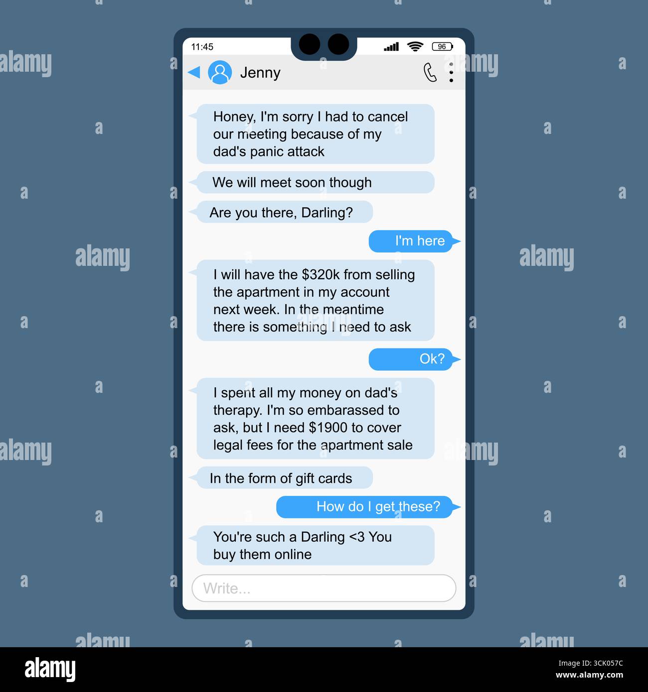 Beispiel für Online-Romanze. Vertrauensbetrüger, der Geld verlangt. Chat-Bildschirm der mobilen App. Stock Vektor