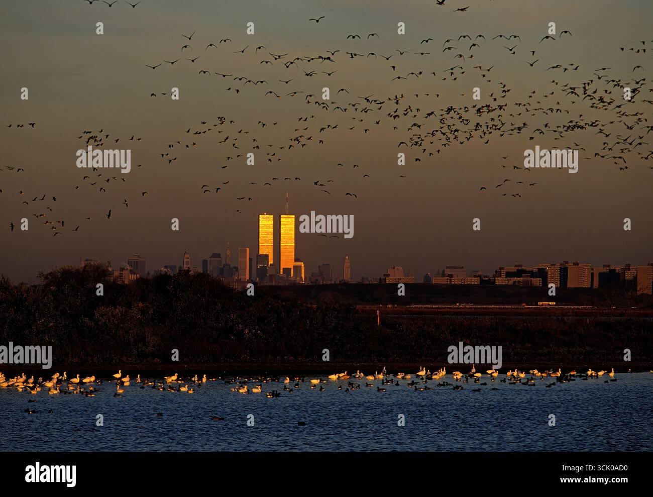 Die World Trade Center Towers beginnen mit Schneegänsen und brant vor dem 11. September Stockfoto