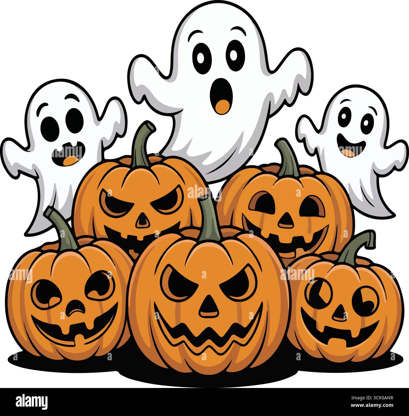 Halloween-Kürbisgesichter und Geister-Cartoon-Illustrationen Stock Vektor