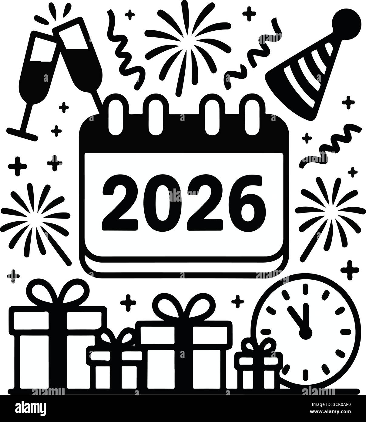 Festliche Neujahrselemente 2026 in handgezeichneten Illustrationen Stock Vektor