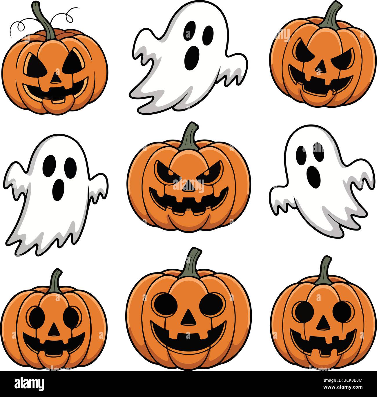 Halloween-Kürbisgesichter und Geister-Cartoon-Illustrationen Stock Vektor