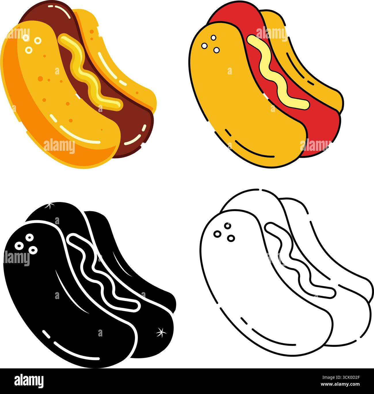 Set Bundle of icon Fast Food Hot Dog in Outline, Silhouette, Flat and Solid Style Vector Isolated Design Stock Vektor