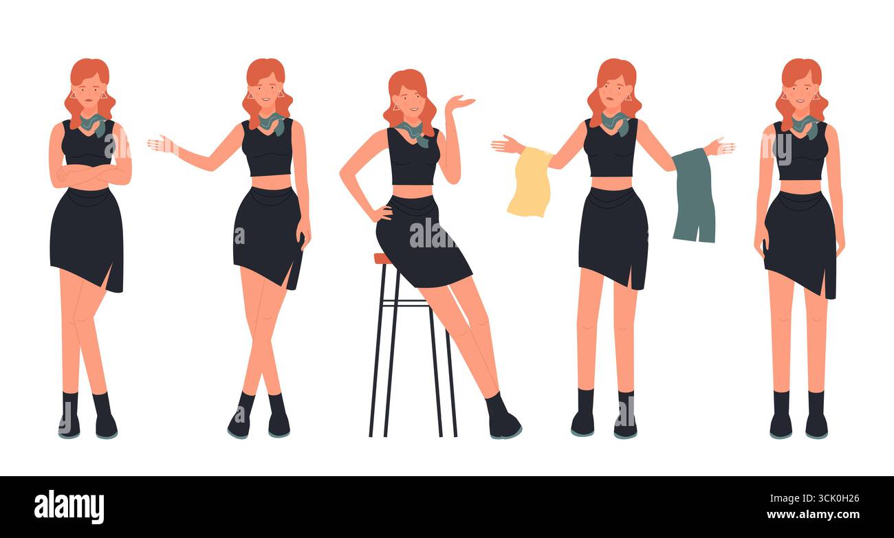 Set von jungen Frauen in trendigen Outfits mit verschiedenen Posen und Gesten perfekt für Mode, Lifestyle oder Präsentationskonzepte isoliert auf weißem Hintergrund Vektor Illustration Stock Vektor