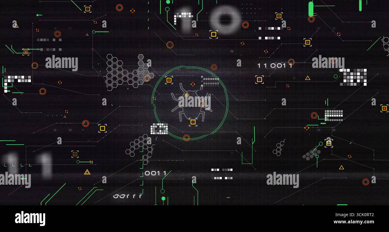 Hervorheben des Bugsymbols, das innerhalb der grünen Scananzeige auf dem Raster pulsiert, mit binären Codefragmenten Stockfoto