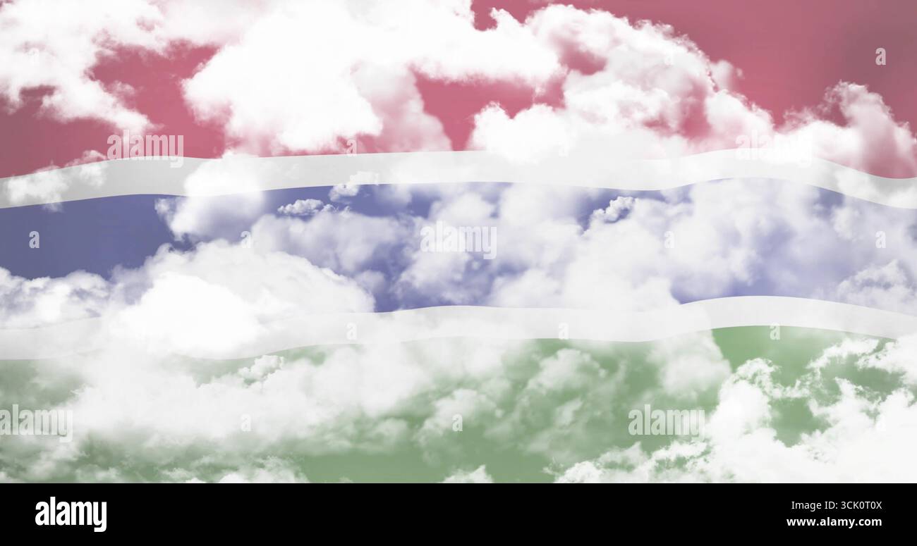 Darstellung der stilisierten Flagge von Gambia in digitaler Himmelsumgebung mit weißen Wolken Stockfoto