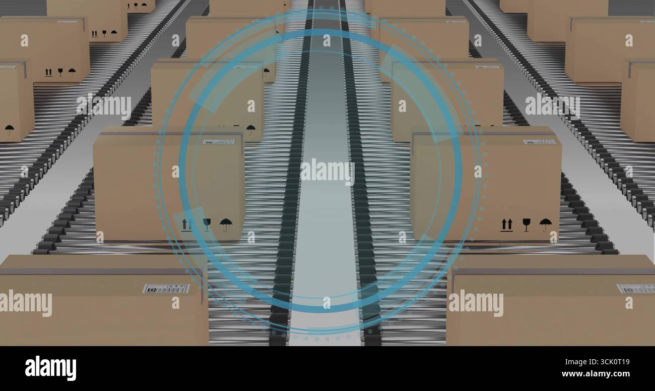 Beweglicher Karton mit Strichcode-Etiketten und Pfeilen auf der Transportbahn des Lagers unter blauer Überlagerung Stockfoto