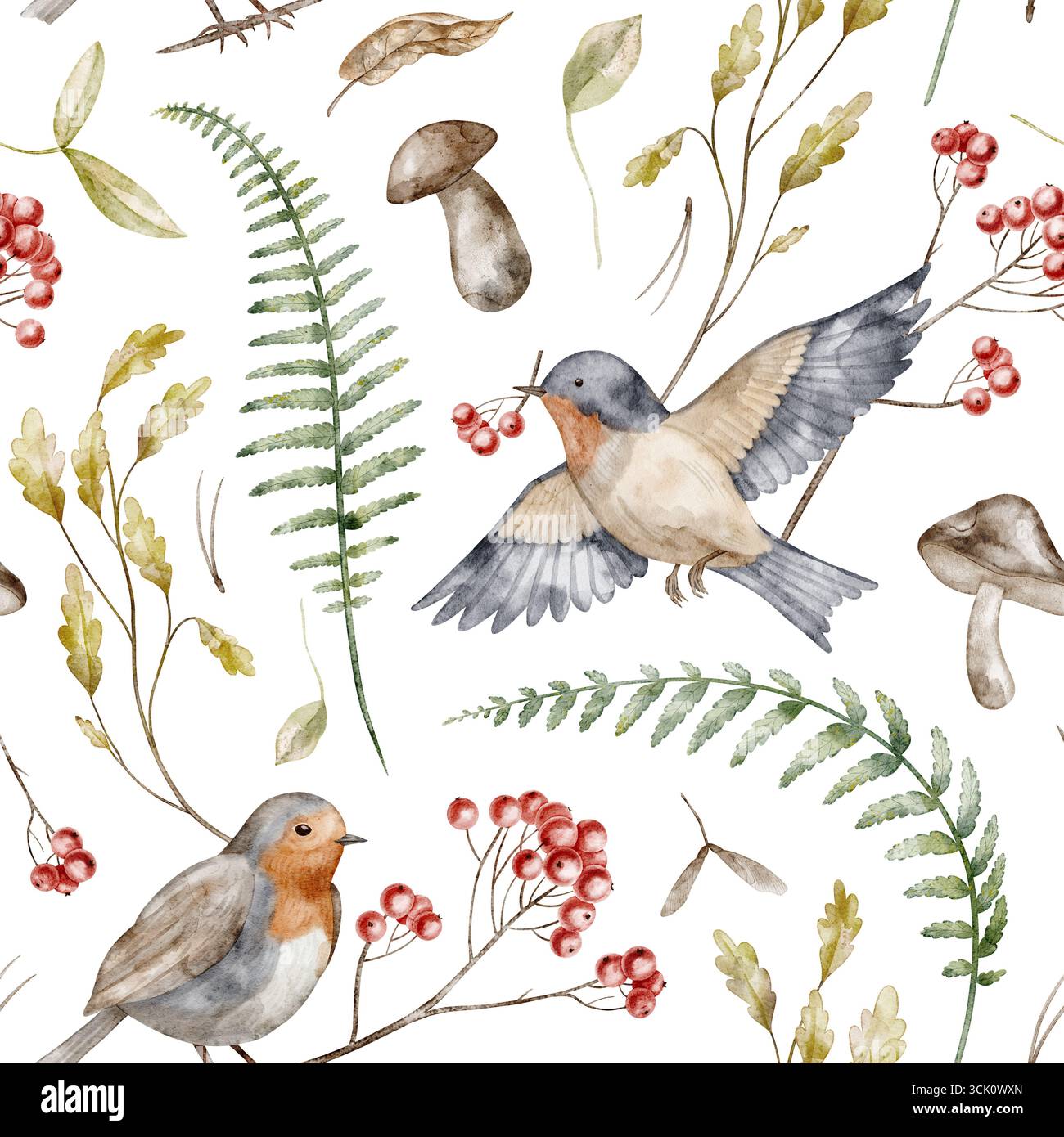 Aquarell nahtloses Muster mit Vögeln, Beeren, Herbstpilzen und Pflanzen im Waldfall. Illustration der Waldkulisse mit robin für saisonale Stoffe, Geschenkpapier oder Textildesign. Stockfoto