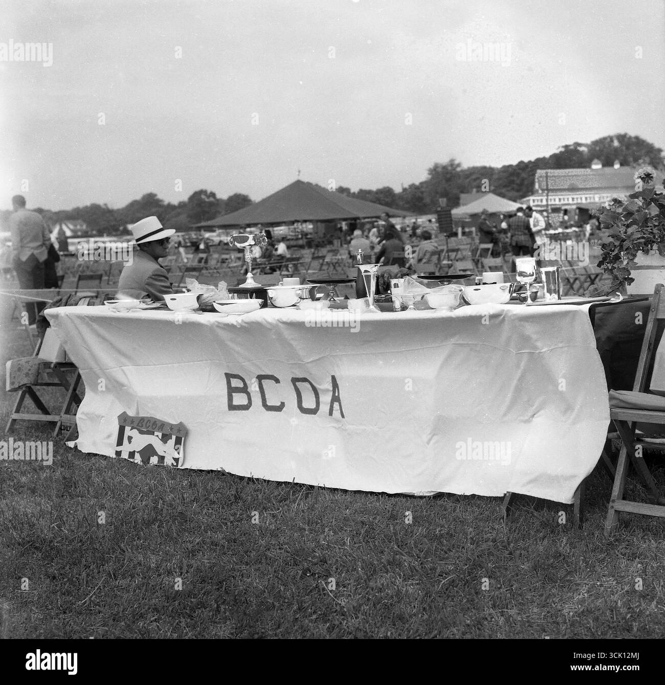 1960er Jahre, historisch, draußen auf einem Feld, Trophäen und Preise auf einem Stand des Borzoi Club of America (BOCA). Die Geschichte des Hundeclubs geht auf das Jahr 1903 zurück und der russische Wolfhound Club of America. Sie wurde als BOCA bekannt, als der Name der Rasse 1936 von russischem Wolfshund in Borzoi geändert wurde. Stockfoto