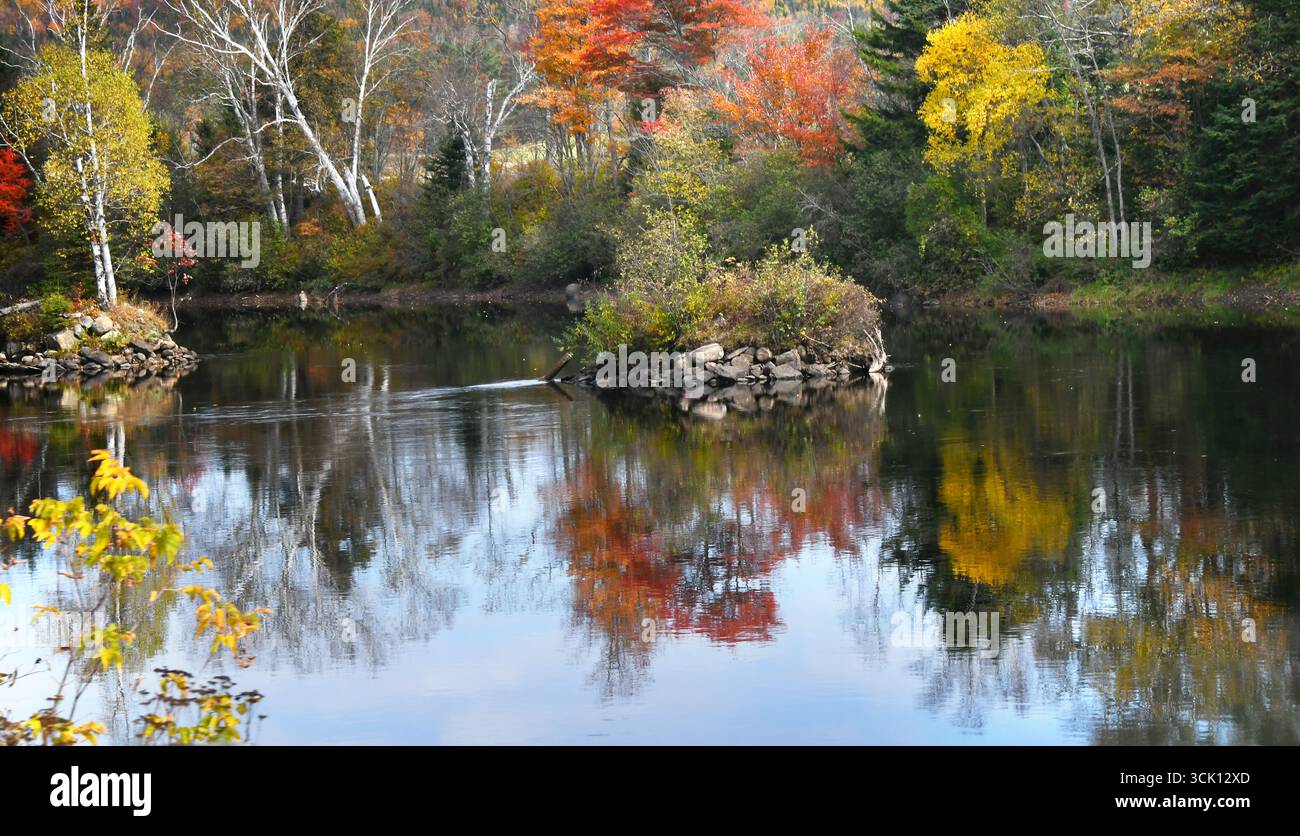 Von den Boom Piers, die für den Holzeinschlag am Androscoggin River in New Hampshire verwendet wurden, sind nur noch Steinhaufen übrig. Herbstbäume werfen bunte Reflexionen auf ri Stockfoto