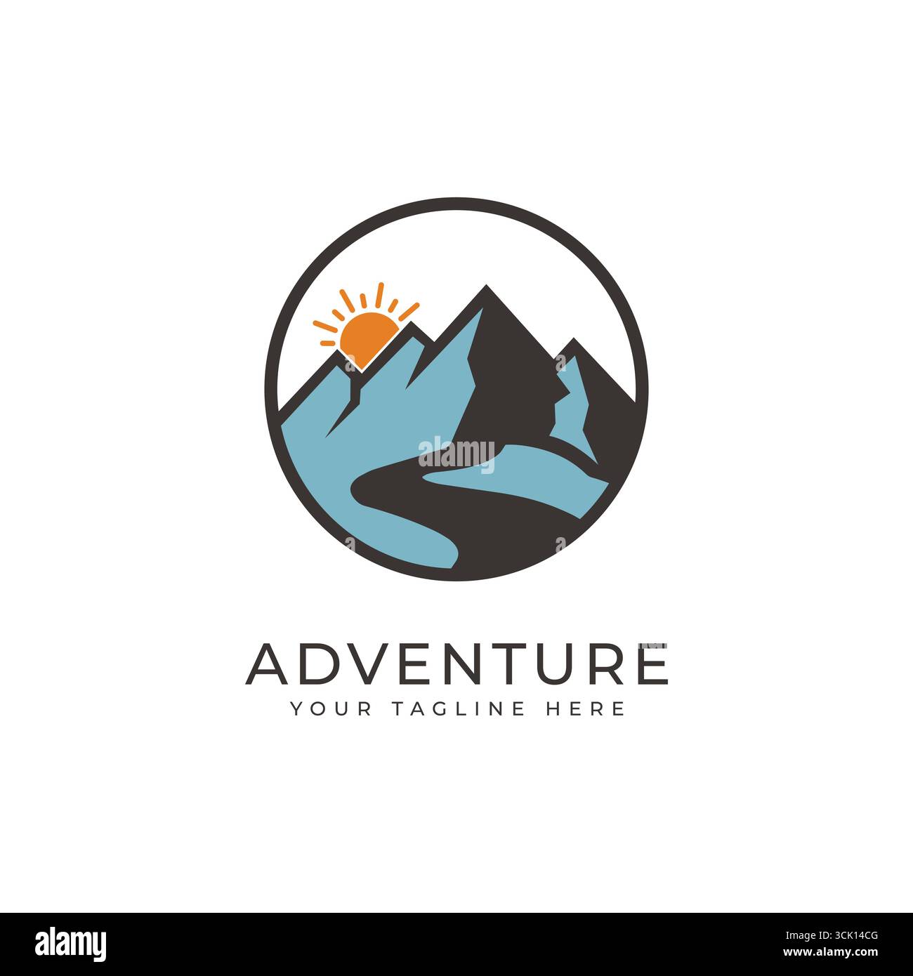 Adventure Travel Logo mit Berg, Sonne und Fluss für Tourismus Stock Vektor