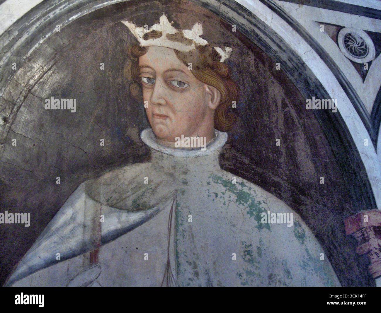 „König Arthur“, einer der neun Worthies, die die ideale der Ritterlichkeit verkörpern sollen, Fresko im Korridor, Trinci Palace, Foligno, Italien Stockfoto