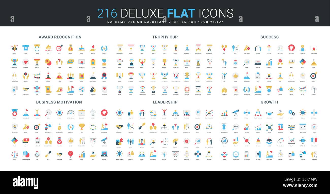 Umfassende Kollektion flacher Symbole mit Auszeichnungen, Trophäenbechern, geschäftlicher Motivation, Führung, Wachstum, und Erfolgskonzepte isolierte Vektorillustration Stock Vektor