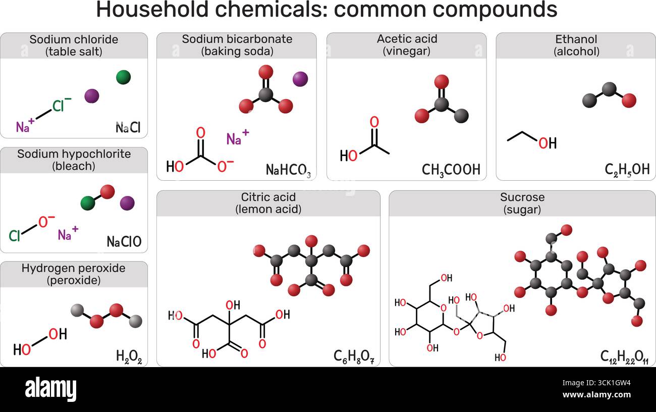 Haushaltschemikalien. Natriumchlorid, Natriumbicarbonat, Essigsäure, Ethanol, Natriumhypochlorit, Wasserstoffperoxid, Zitronensäure, Saccharose Stock Vektor