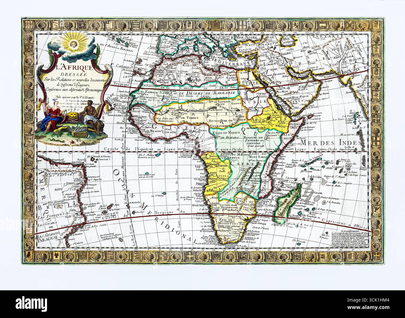 Afrika-Karte basierend auf den Beziehungen der Reisenden und neuen Entdeckungen mit astronomischen Beobachtungen antiken Kartographien historischen Erkundungen Stockfoto
