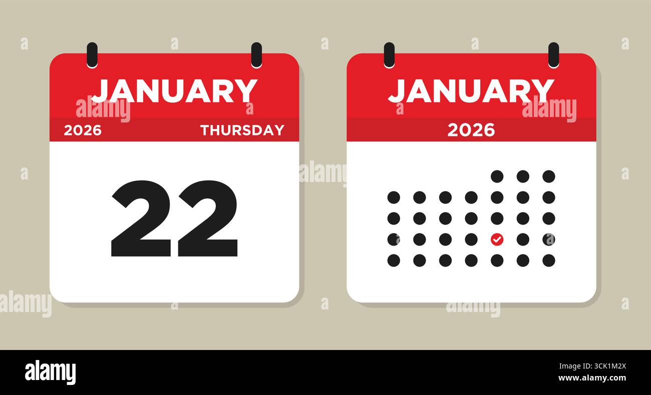 22. Januar 2026 Kalender Vektor Illustration. Kalenderseite für den 22. Januar. Tageskalender mit Datum 22. Januar. Die Woche beginnt am Sonntag Stock Vektor