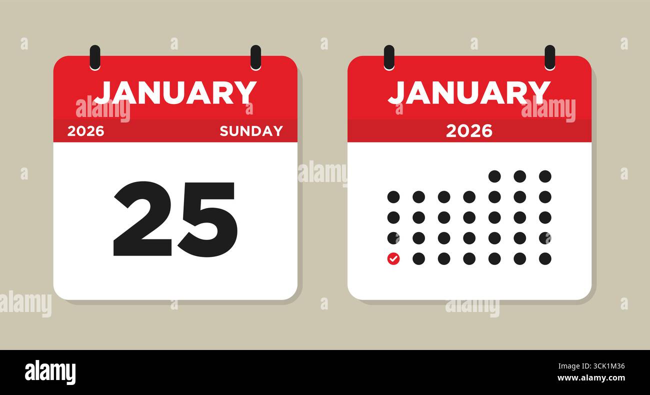 Januar 2026 Kalender Vektor Illustration. Kalenderseite für den 25. Januar. Abbildung der Ereigniserinnerung. Die Woche beginnt am Sonntag. Symbol "Moderner Kalender". Stock Vektor