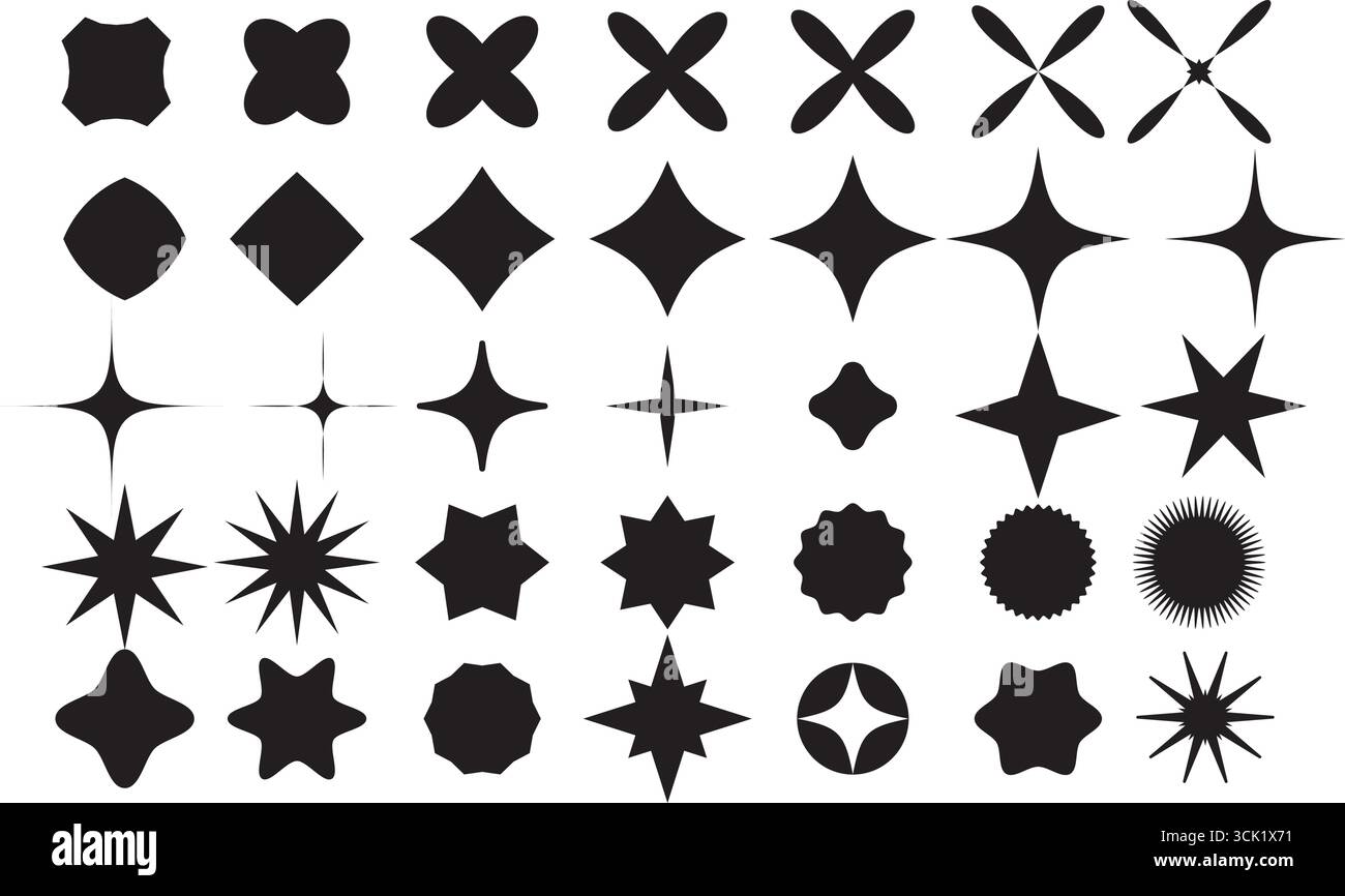 Sammlung von Starburst-, Funkel- und abstrakten Sternvektorformen. Perfekt für Logos, Poster, Einladungen, Branding, Weihnachtsthemen, und Design Stock Vektor