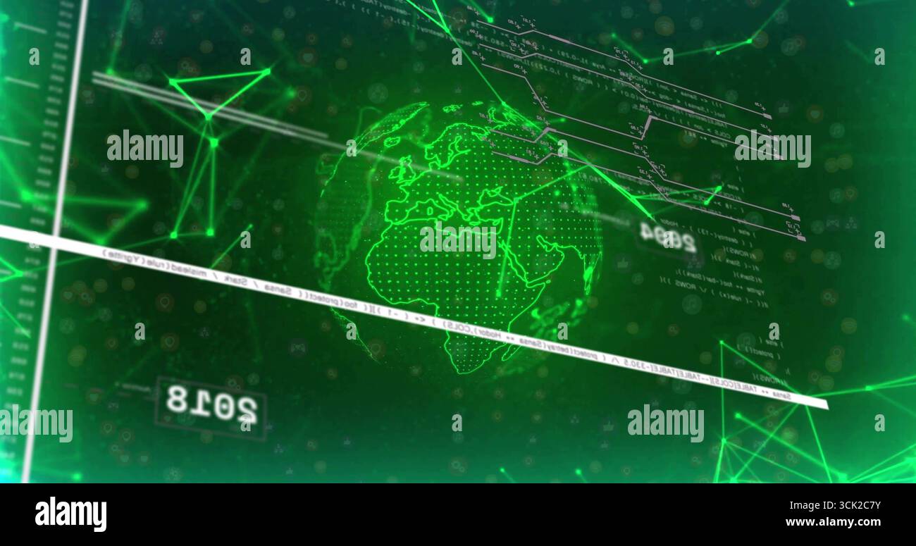 Holographische Erdkugel, die sich in digitaler Datenschnittstelle dreht, mit Netzwerkknoten, Code Stockfoto