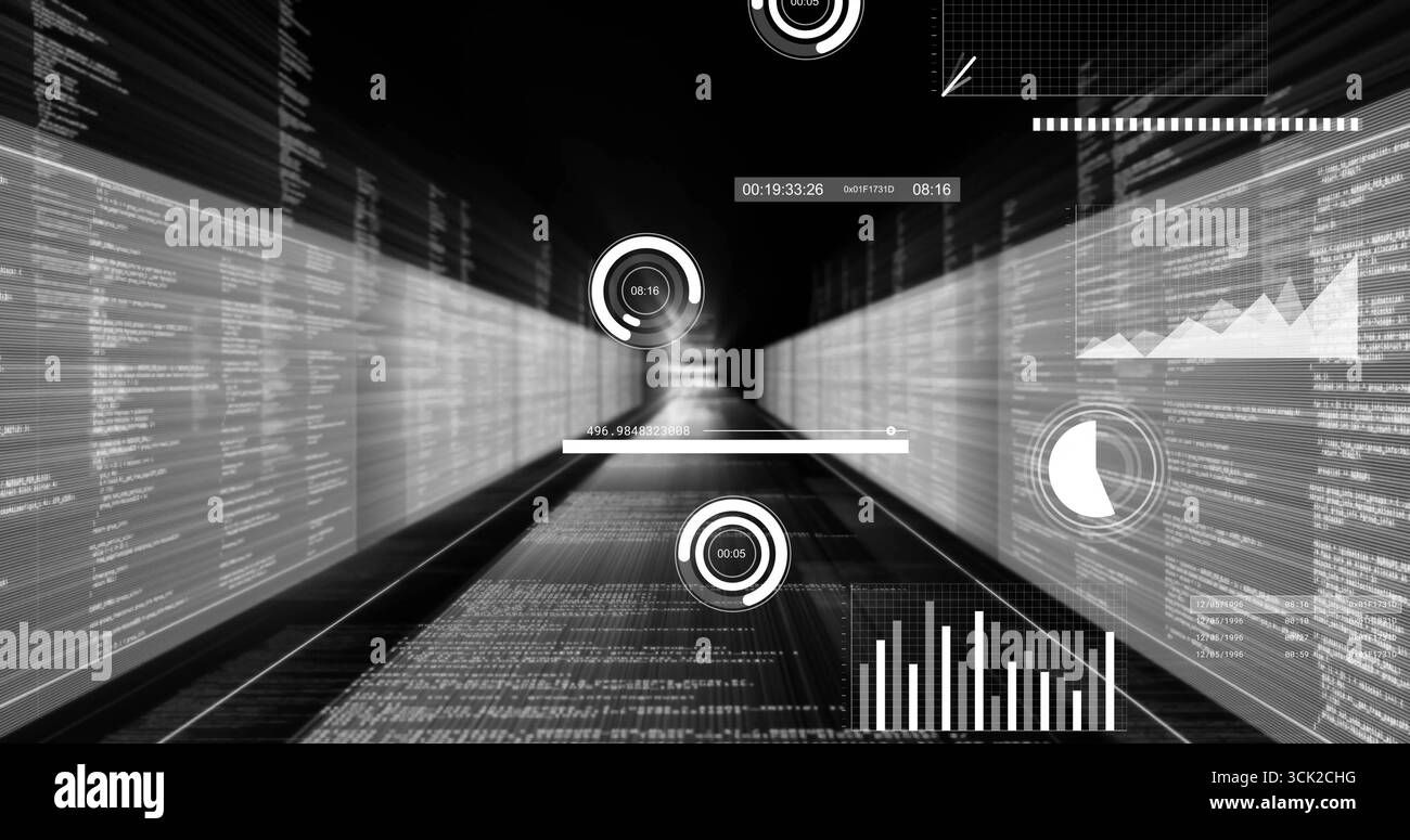 Anzeige des Datentunnels im Codekorridor mit HUD-Ringen, Diagrammen, Schiebereglern für die Zeitachse und Zeitstempeln Stockfoto