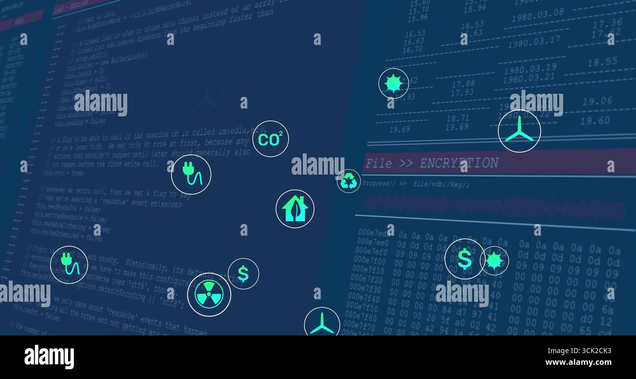 Anzeige von frei beweglichen ECO-Symbolen mit rotem DATEIVERSCHLÜSSELUNGSBANNER auf dem Computermonitor mit Hex-Daten Stockfoto