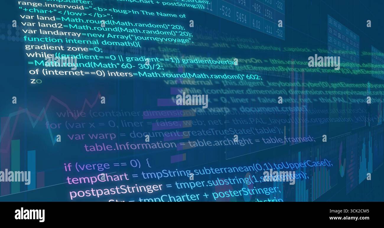 Anzeige des zentralen Codes auf dem Computerbildschirm, mit mehrfarbigem Balkendiagramm und durchsichtigen Datenfeldern Stockfoto
