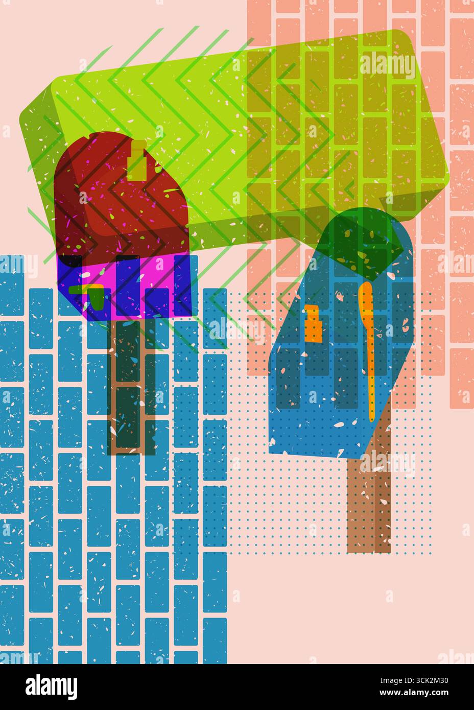 Risograph Mailbox mit Sprechblase mit geometrischen Formen. Objekte in trendigem Riso-Grafik-Design mit Texturelementen. Stock Vektor