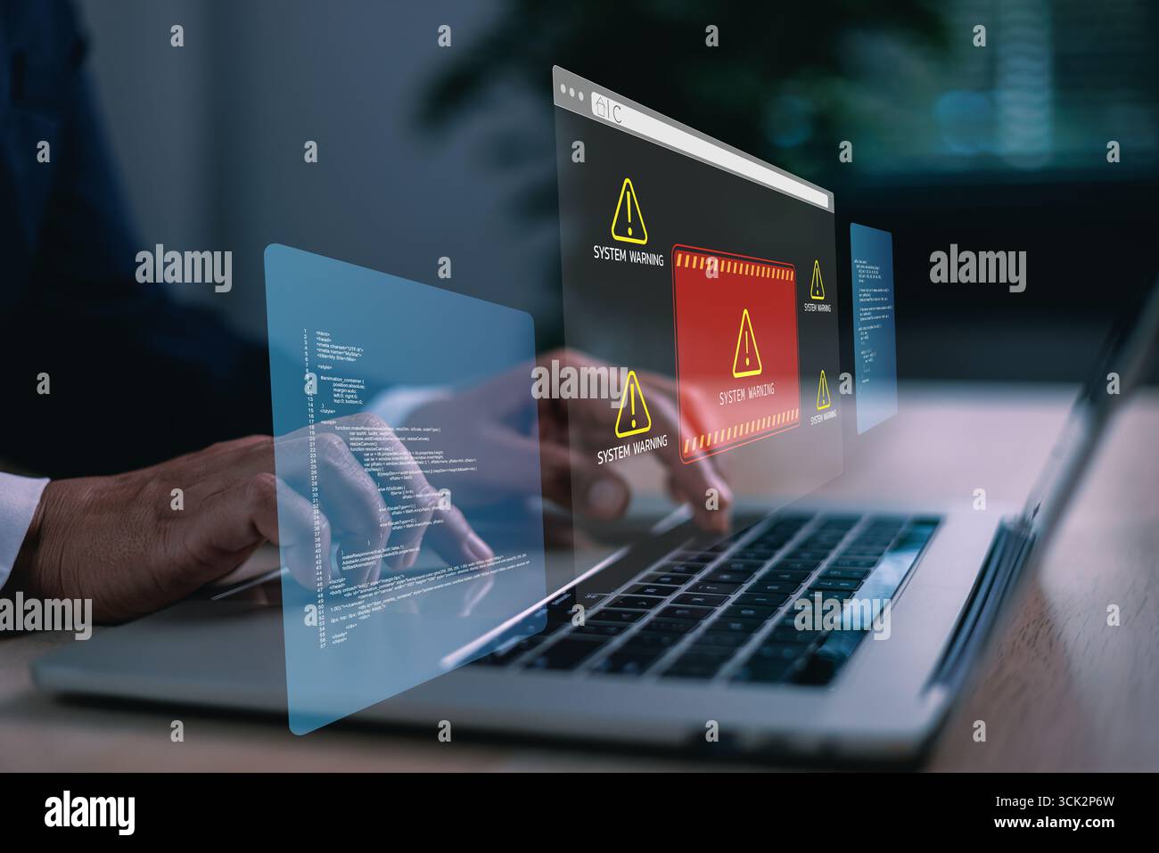 Hände tippen auf einem Laptop mit digitaler Systemwarnung auf virtuellem Bildschirm, Konzept der Cybersicherheitsbedrohung, Datenverletzung, Malware, Codierungsfehler, Onlin Stockfoto