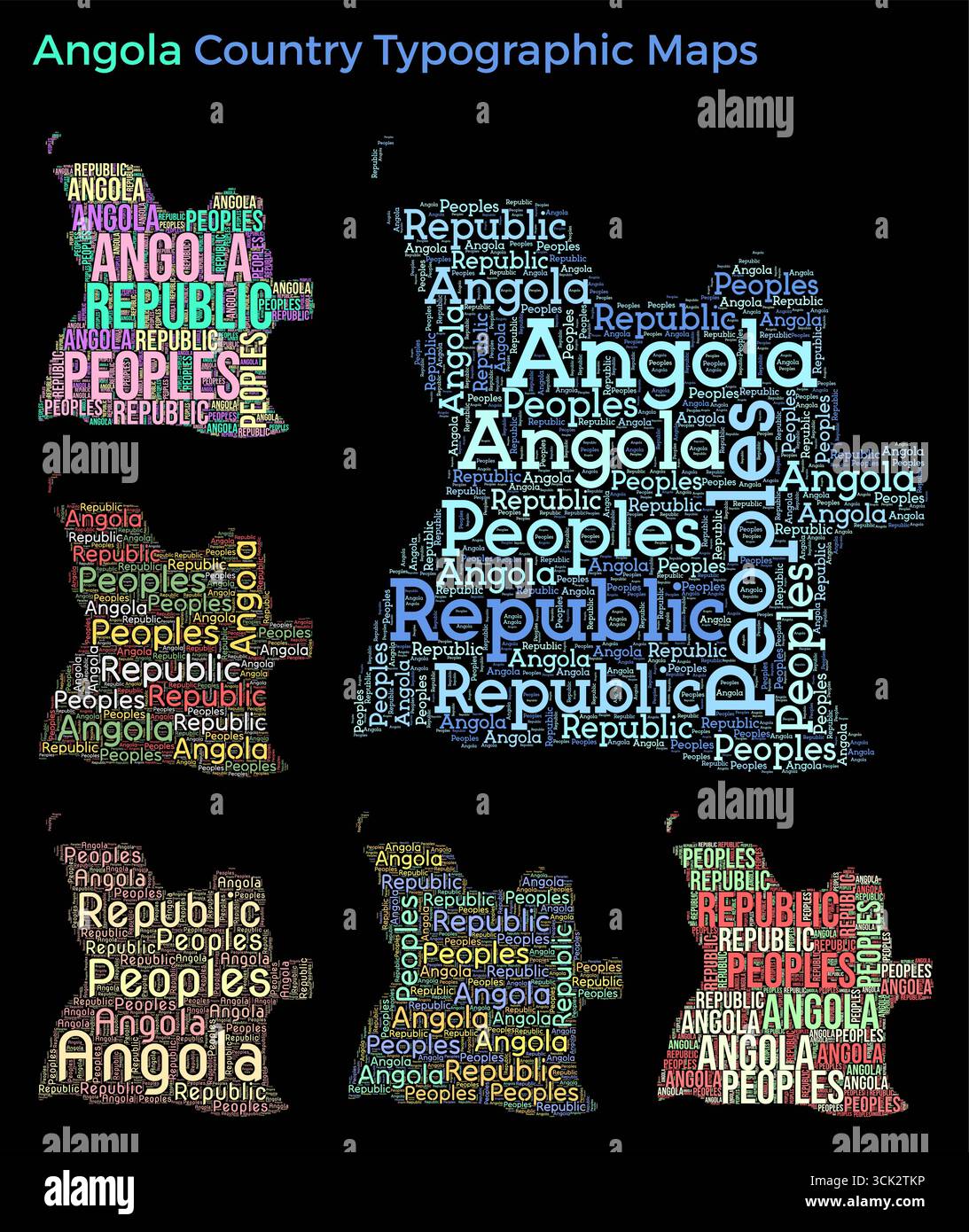 Angola. Satz typografischer Länderabbildungen. Angola Kartenform Aufbau von horizontalen und vertikalen Ländernamen. Vektorabbildung. Stock Vektor