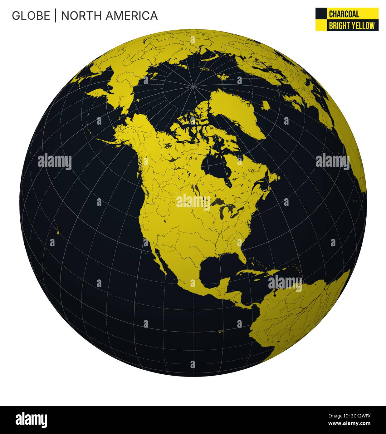 Vektor Globe zentriert auf Nordamerika. Hellgelbe Farbpalette in Anthrazit. Weltkarte mit Meridianen, Parallelen, Ländern, Flüssen und Seen. Stock Vektor