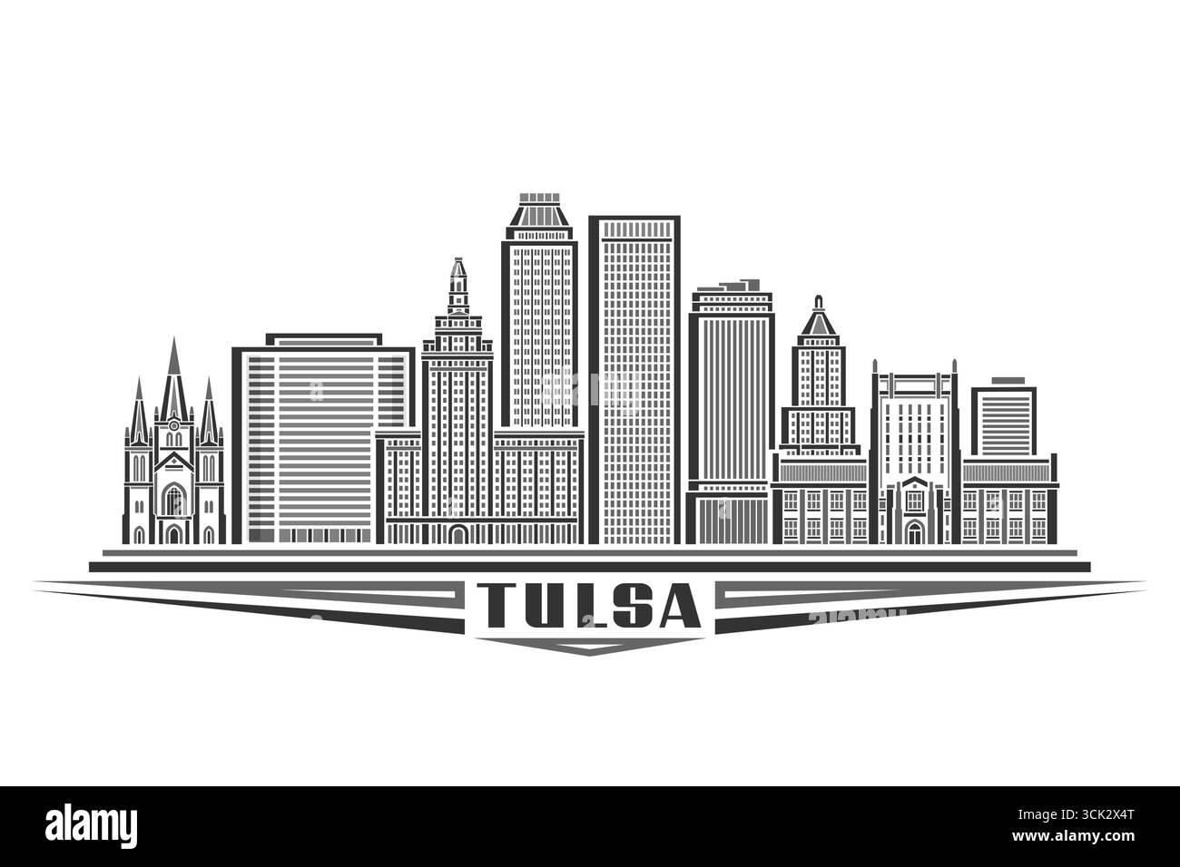 Vektor-Illustration von Tulsa, monochrome horizontale Karte mit linearem Design berühmte tulsa Stadtlandschaft, modernes urbanes Linienkunstkonzept mit dekorativem Let Stock Vektor