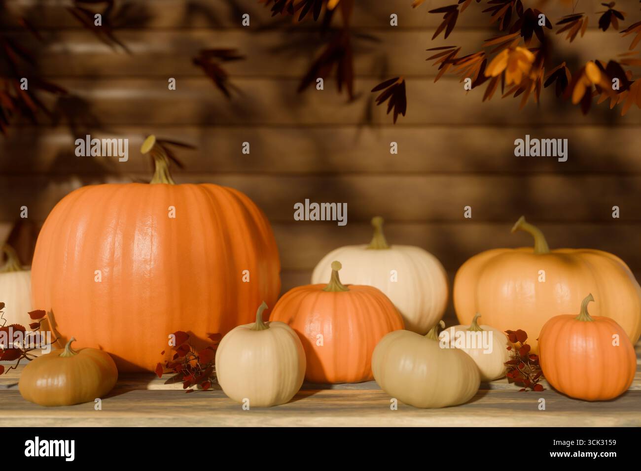 Verschiedene orangefarbene und weiße Kürbisse auf einer Holzoberfläche, die den Herbst symbolisieren. 3D-Rendering Stockfoto