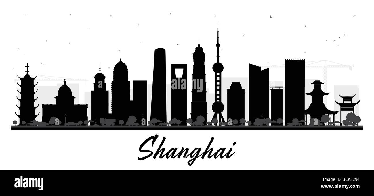 Shanghai China City Silhouette mit schwarzen Gebäuden isoliert auf weiß. Vektorabbildung. Geschäftsreisen und Tourismuskonzept. Stock Vektor