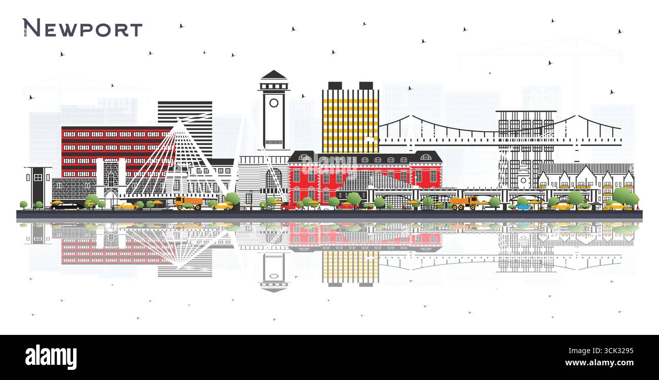 Skyline von Newport Wales City mit farbigen Gebäuden und Reflexen isoliert auf weiß. Vektorabbildung. Newport UK Stadtlandschaft mit Wahrzeichen. Stock Vektor